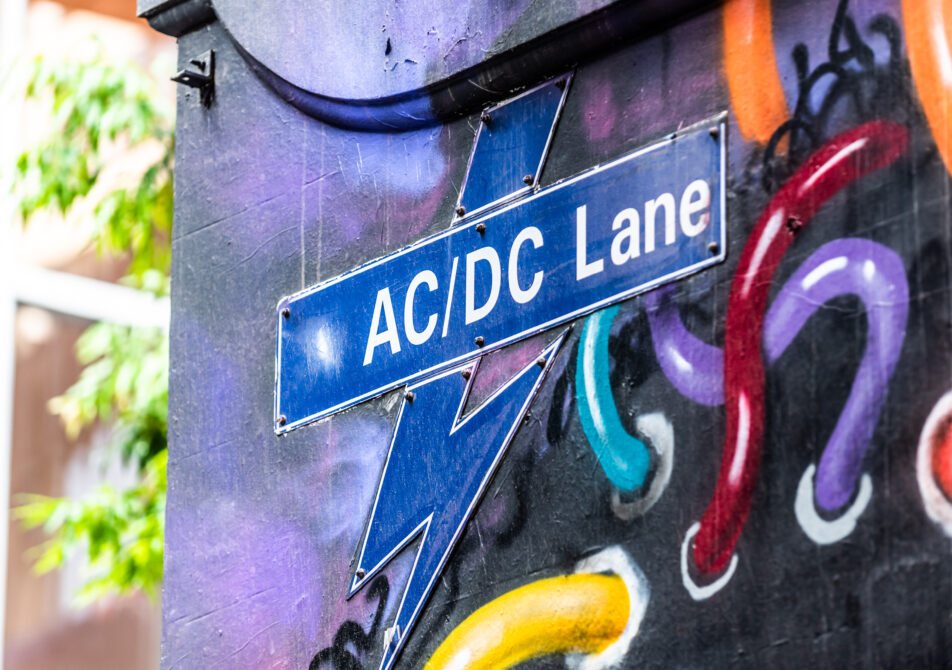 The street sign for AC/DC Lane in the city of Melbourne, Australia